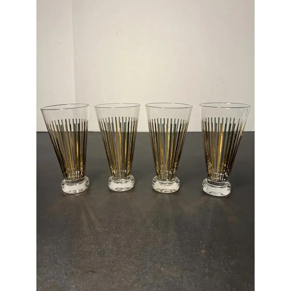 NIB Crate & Barrel 2000s Set Of 4 Gold Stripe Cocktail Glasses 6 Oz, 2.75x2.25”